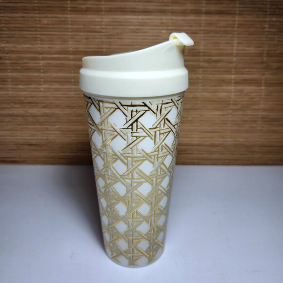 Kate Spade Tumbler New York Insulated Thermal Travel Mug 16oz Gold Weave Pattern - Picture 2 of 9